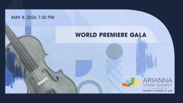 A blue graphic with a violin for Arianna String Quartet's series finale on May 8